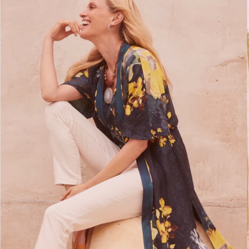 EUC Chicos Desert Garden Ruana/kimono Teal  w/Yellow and Gray detail sz l/xl